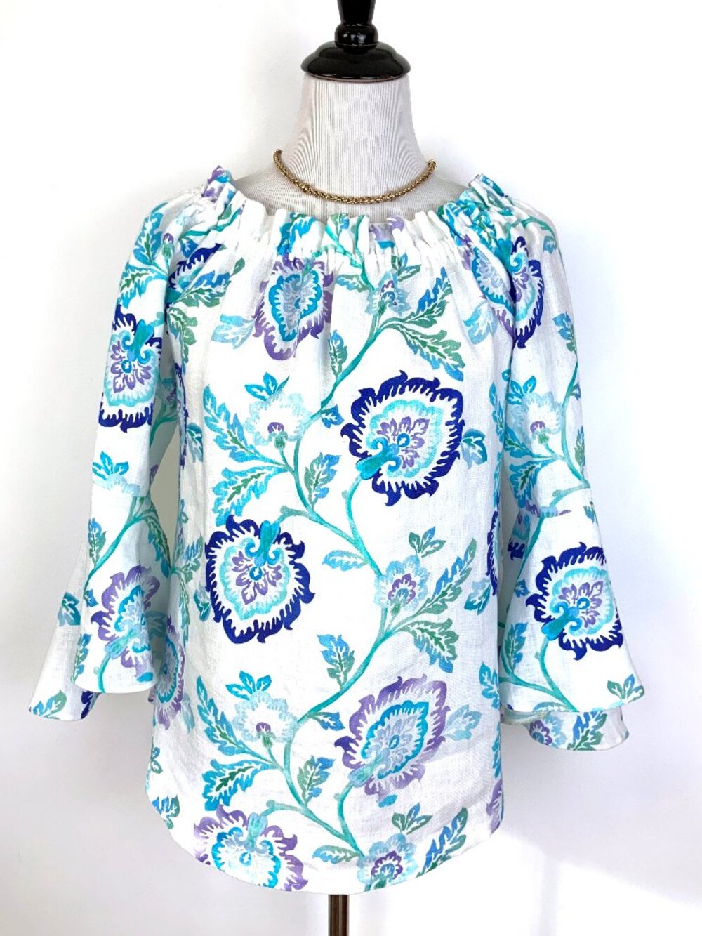 iLinen Lifestyle Floral Linen Ruffle Sleeve Peasant Blouse Sz S